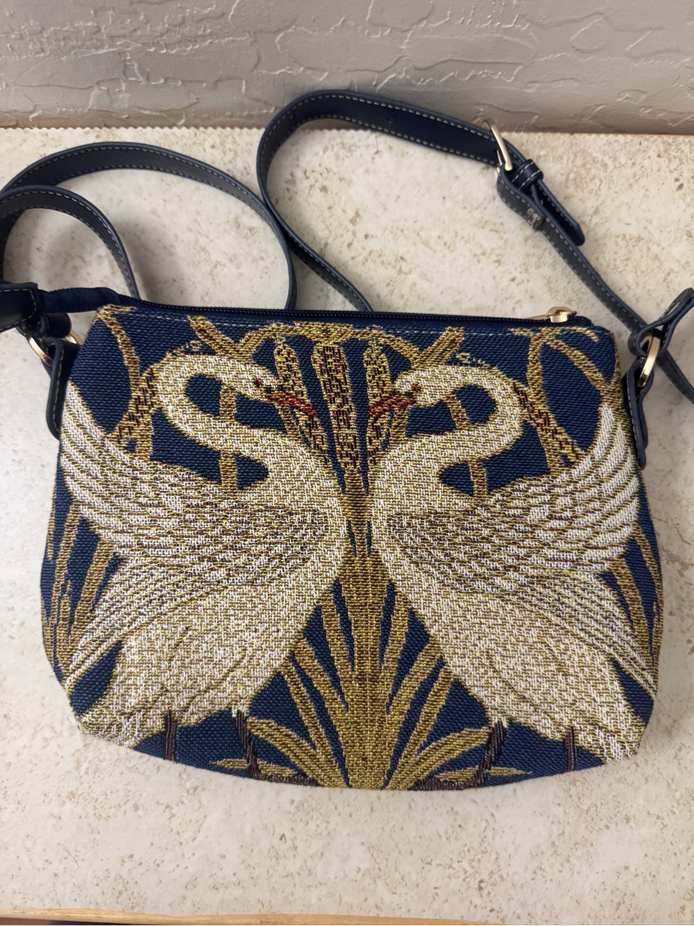 Signare Navy Crossbody Bag with Gold Woven Swan Design